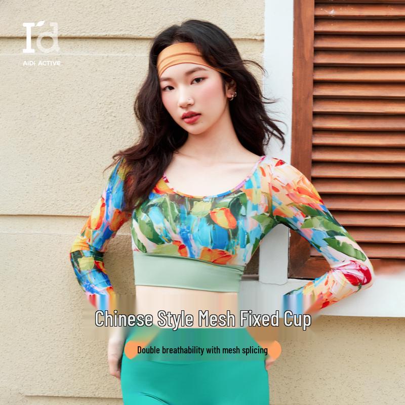 Aidi Women s Fixed-Cup Long-Sleeve Yoga Crop Top L