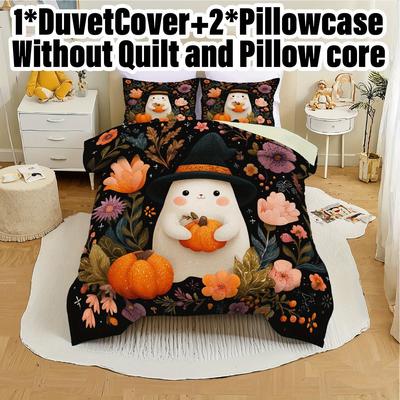 3pcs Halloween Pumpkin Monster Duvet Cover Set Without Core, Quilt Cover with 2 PillowcasesSoft and Machine Washable