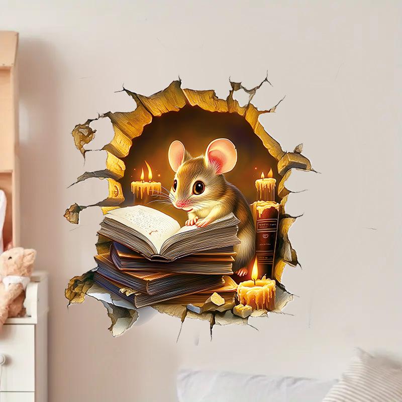 Cozy Cartoon Mouse Reading Book by Candlelight At Mouse Hole Toilet Wall Sticker Self-Adhesive Bathroom Home Decor Art Wholesale