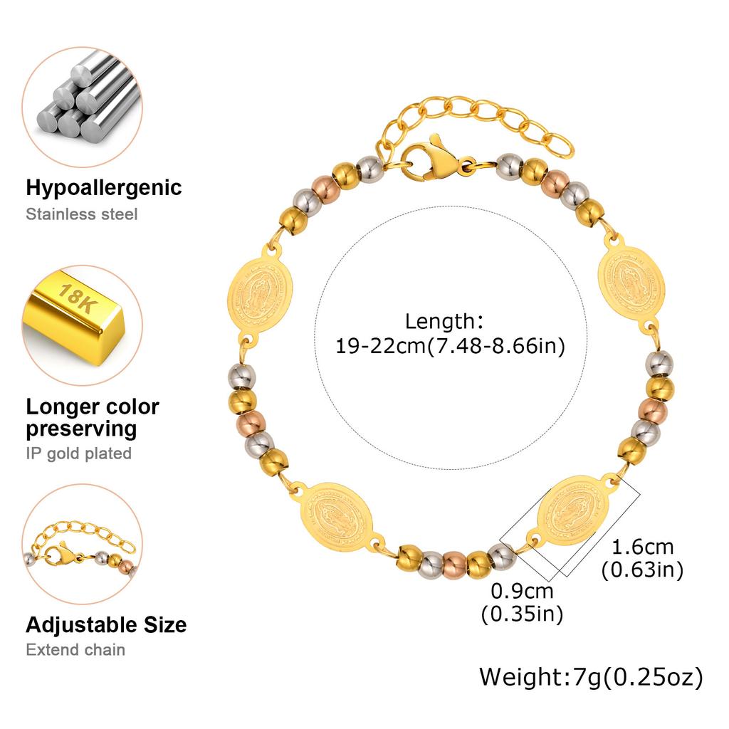 Vnox Virgin Mary Bracelets For Women Men,Stainless Steel Three-color Round Bead Chain,Elliptical Brand Religion Faith Jewelry