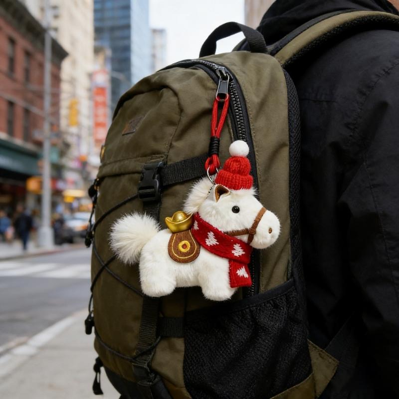 Adorable Plush Horse Mascots Keychain Featuring Festive Knitted Cap Scarf and Lucky Gold Ingot for Holiday Car Ornament Decoration
