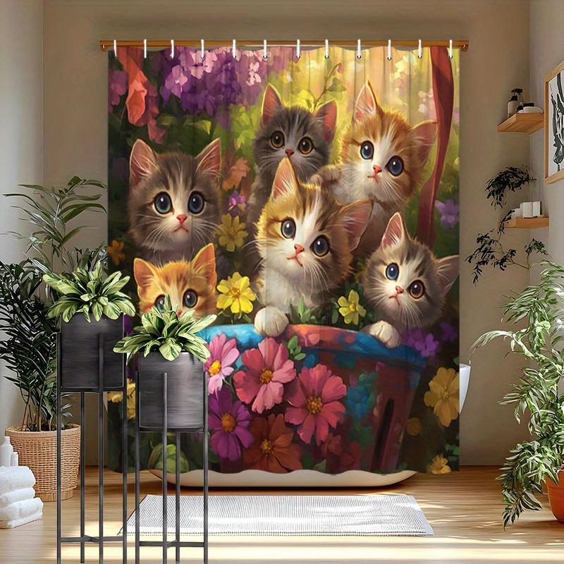 Adorable Kittens & Vibrant Flowers Shower Curtain - Playful Polyester, 12 Hooks,Washable & Easy To Hang, Ideal For Bathtub