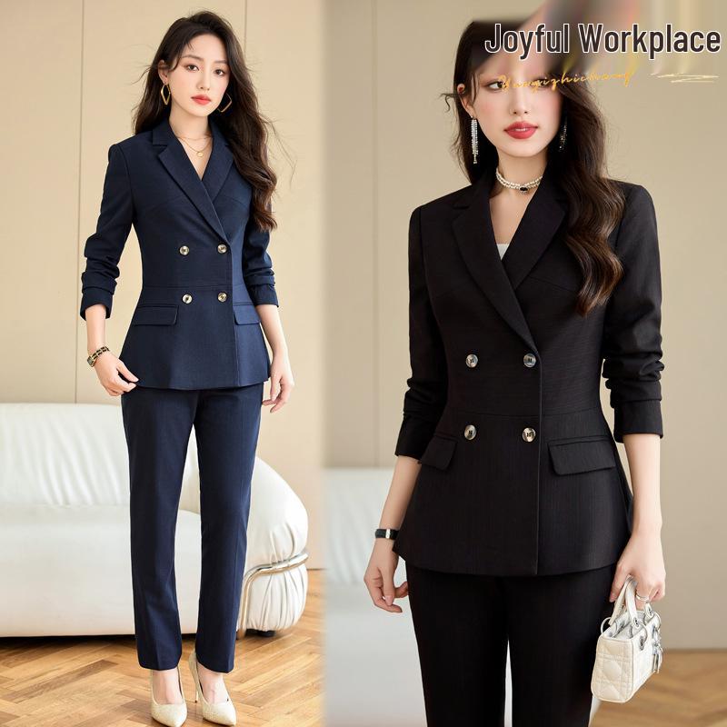Women's Autumn Black Double-Breasted Blazer and Pants Set - Professional Slim Fit for Business and Interviews