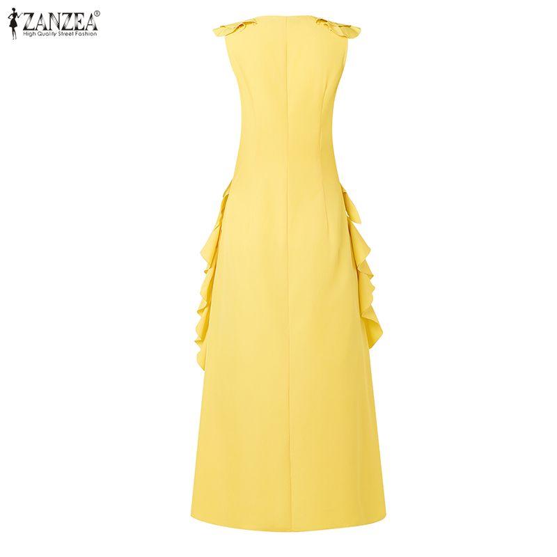 ZANZEA Women Casual V-Neck Sleeveless Ruffles Long Dress Holiday