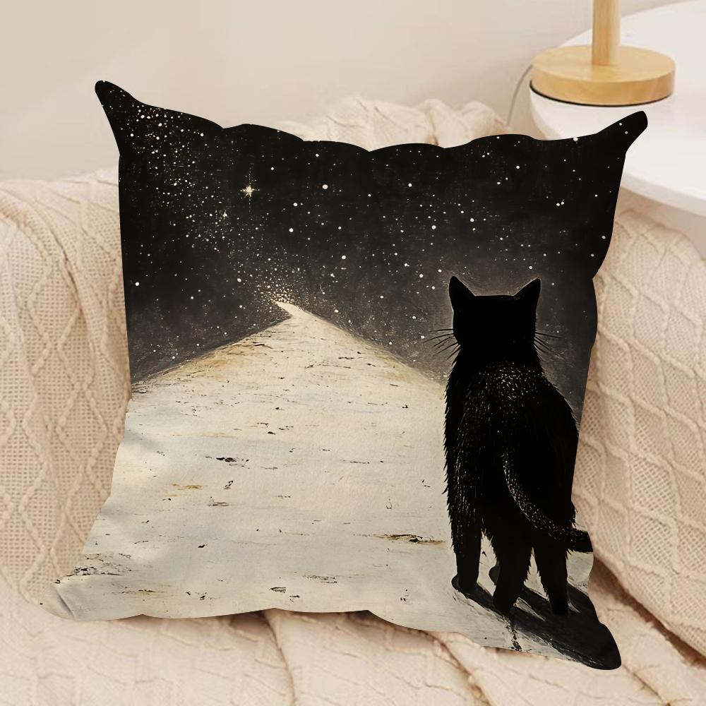 Black Cat Night Cool Cushion Cover Silky Short Plush Invisible Zipper Dustproof Sofa Pillow Case For Home Decor