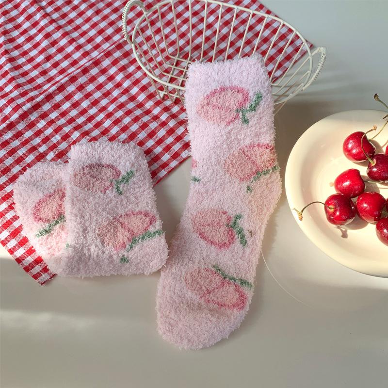 Autumn And Winter Coral Fleece Socks Women'S Fruit Cute Girl Medium Tube Floor Socks Women'S Fleece Thickened Sleep Confinement Socks