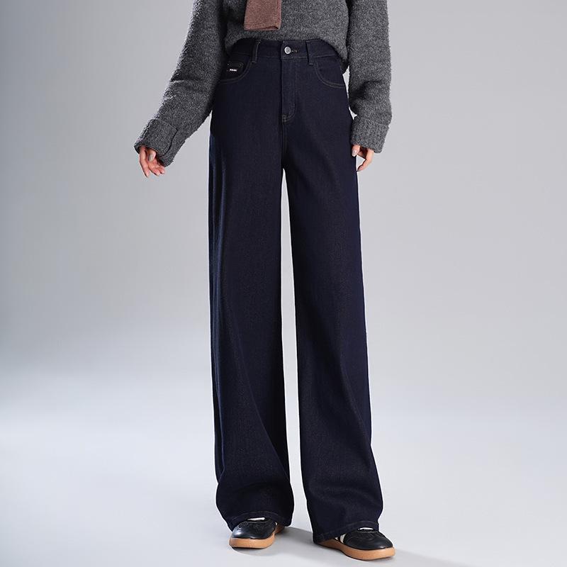 

2024 Осень/Зима Женские Джинсы Большого Размера с Флисовой Подкладкой и Широкими Штанинами - Стройнящие Брюки в Пол 26 джинсовый синий