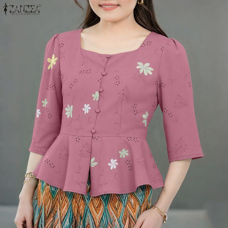ZANZEA Women Casual Round Neck 3/4 Sleeve Elegant Floral Blouse