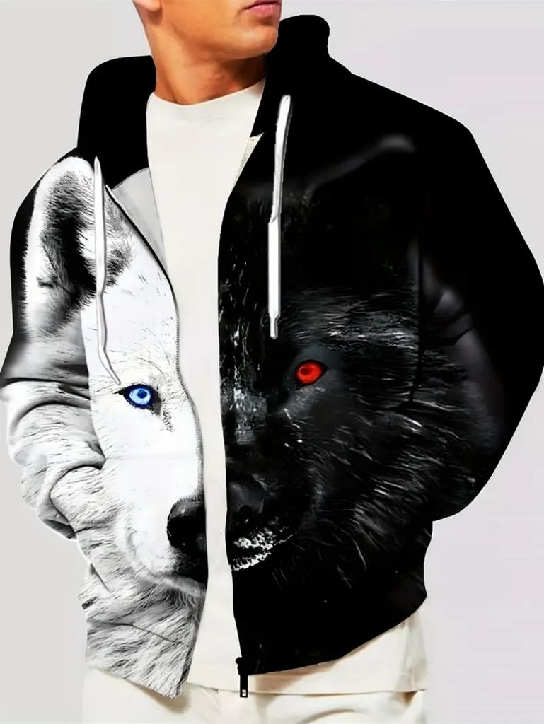Mens Full Zip Hooded Wolf Graphic Drawstring Hood Side Pockets Lightweight Outerwear Sports Gym Long Sleeve Oversize Sweatshirt