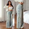 Jeans de Mujer Tiro Alto Pierna Ancha Corte Holgado Cierre Lateral con Lazos Elástico Medio Denim Lavado Pantalones Streetwear Primavera Pantalones Palazzo