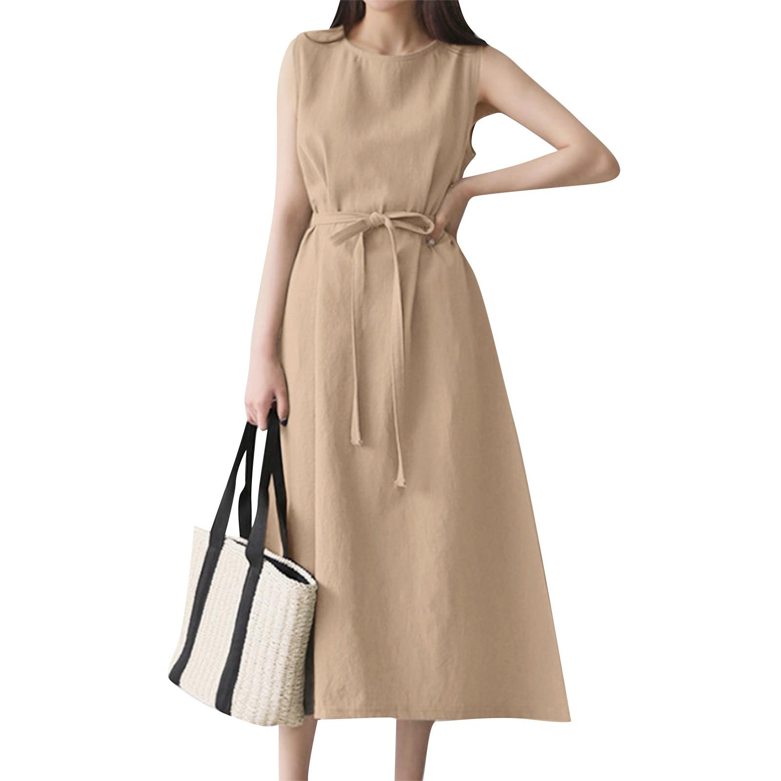 

Женские модные свободные богемные платья без рукавов с круглым вырезом, однотонные, из хлопка и льна, с поясом, длинные платья без рукавов XXXXL бежевый