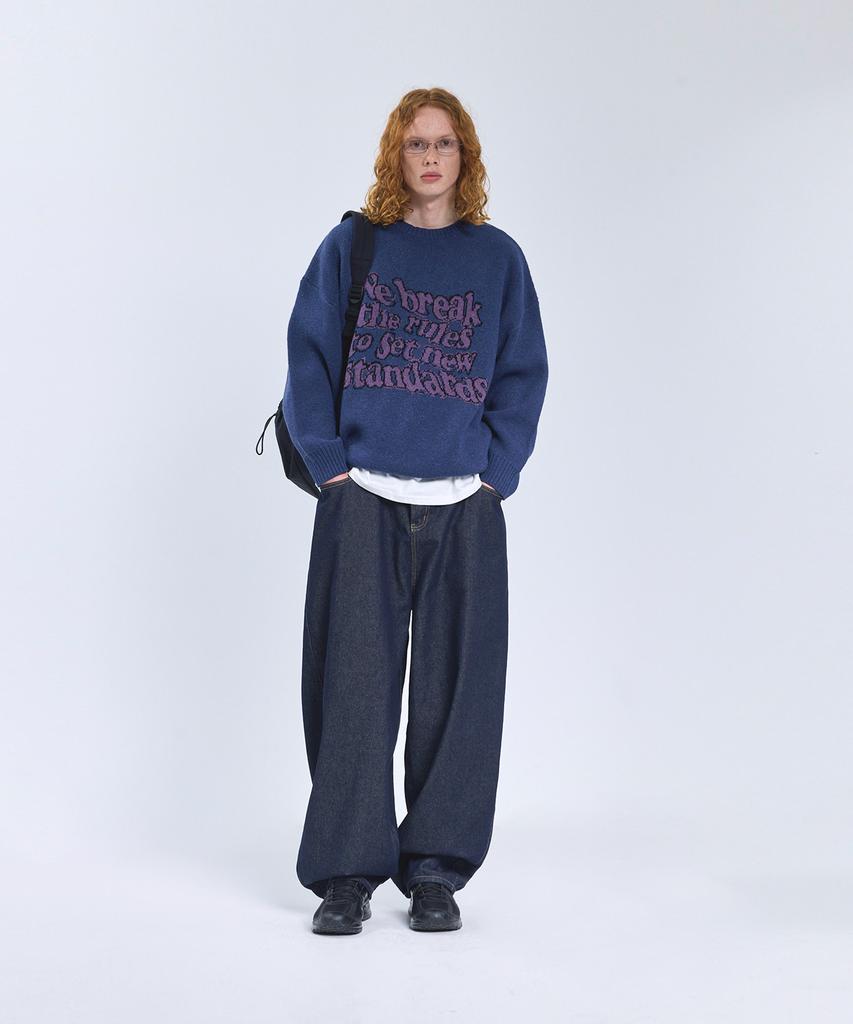 STANDARDERROR 87-Stan191 Art Lettering Oversized Jacquard Knit Navy