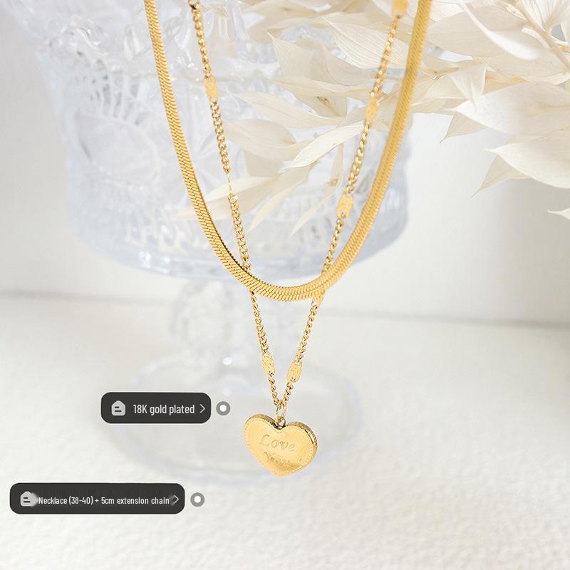 Double Layer Heart Pendant Titanium Necklace - Hip Hop Style, Non-fading Fashion Clavicle Chain for Women