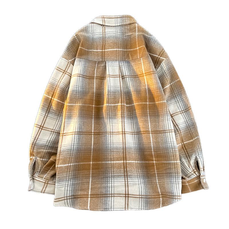 Japanese Retro Men's Contrasting Color Plaid Long-sleeved Shirt Loose Jacket Men and Women's Shirt Versatile Jacket