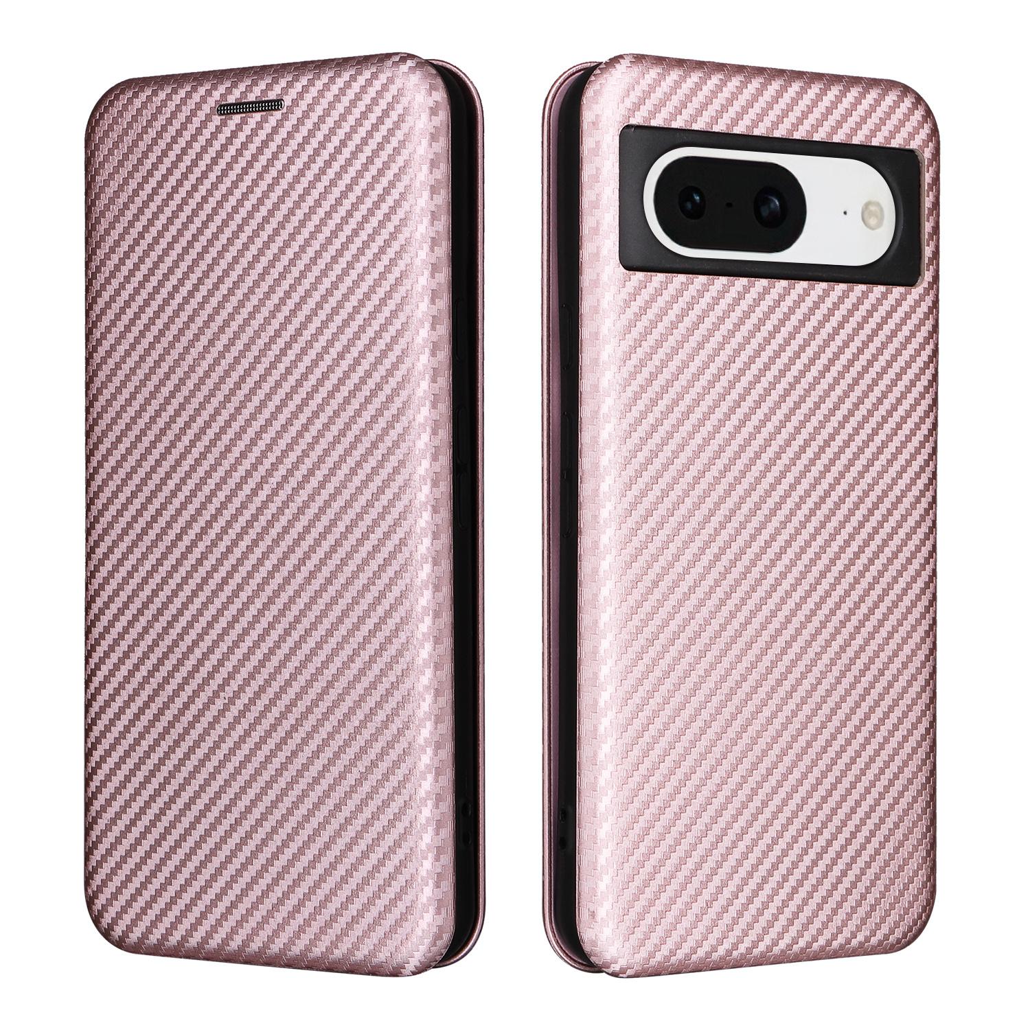 

For Google Pixel 8 Carbon Fiber Texture Card Holder PU Leather Phone Case Flip Folio Stand Phone Cover Rose Gold