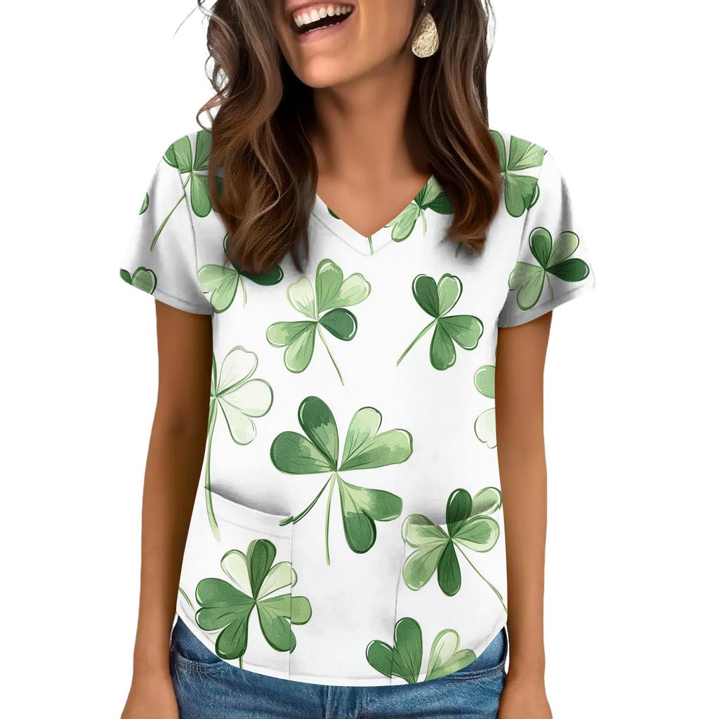 Damen V-Ausschnitt Saint Patrick's Day Print Kurzarm Tasche Seitenschlitz Top