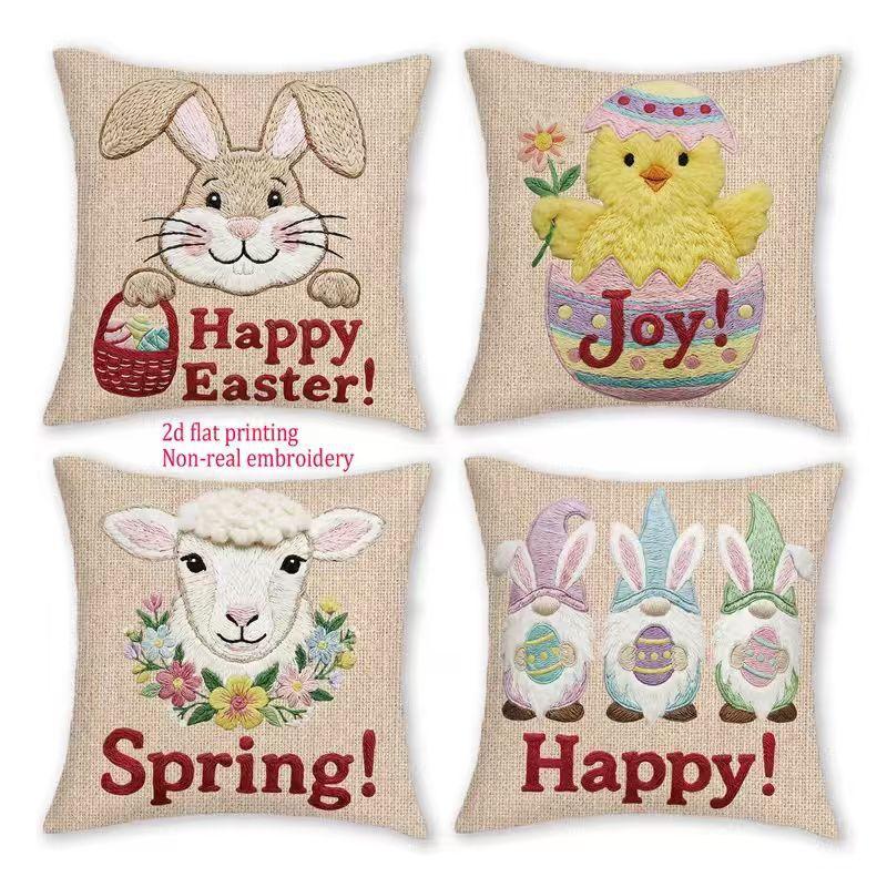 1 Stück Osterhase Kissenbezug Frühling Blumen Kissenbezug Hase Küken und Ei Druck Festival Sofa Kissenbezug Heimdekoration