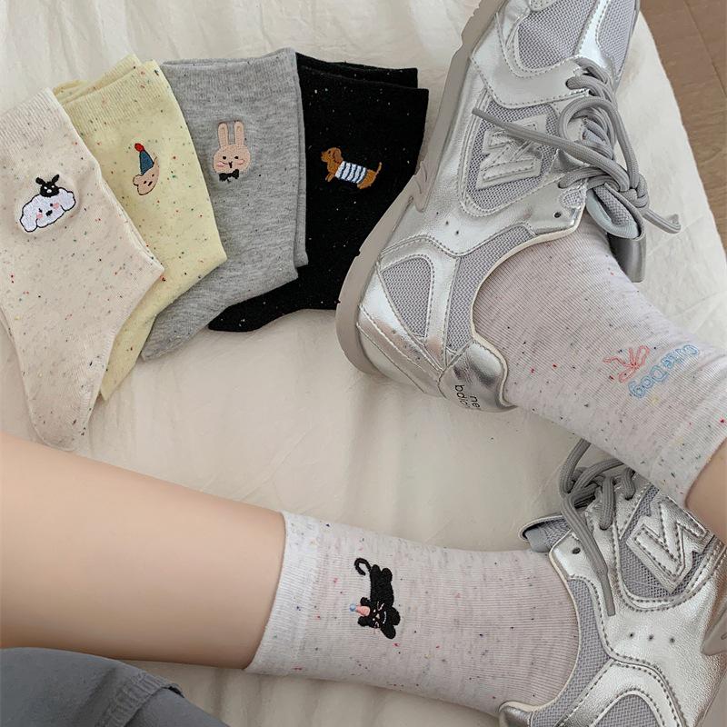 Autumn Korean Women's Cotton Socks - Embroidered Animal Bow & Dotted Yarn Design