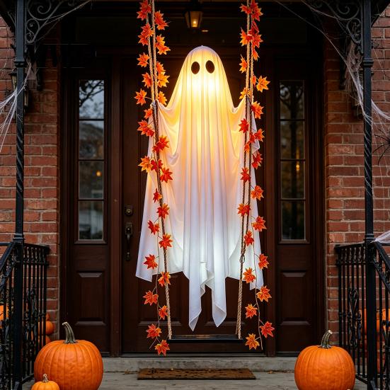 Outdoor Halloween Dekorationen Hängende Schaukel Geist, Leuchtender Schwingender Geist mit Ahornblatt Saisonale Gartenparty Ornamente Ranken Lichter Und Fernbedienung