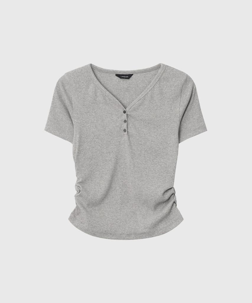 Lugkaeseuteu Sara Henley Neck Shirred T-Shirt_Melange Grey / Sara Henley Neck Shirred T-Shirt_Melange Grey