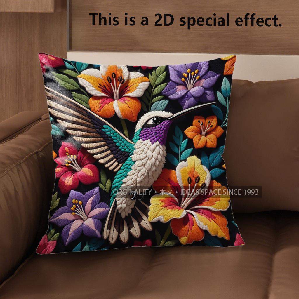 2D Tropical Hummingbird Floral Throw Pillow Covers Pattern Cushion Cover Suitable For Sofa Bedroom Car Pillow Cover