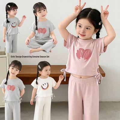 Set Estivo Coreano per Ragazze Dolce T-shirt & Pantaloni alla Moda a 7/8 - Manica Corta Abbigliamento Bambini Due Pezzi