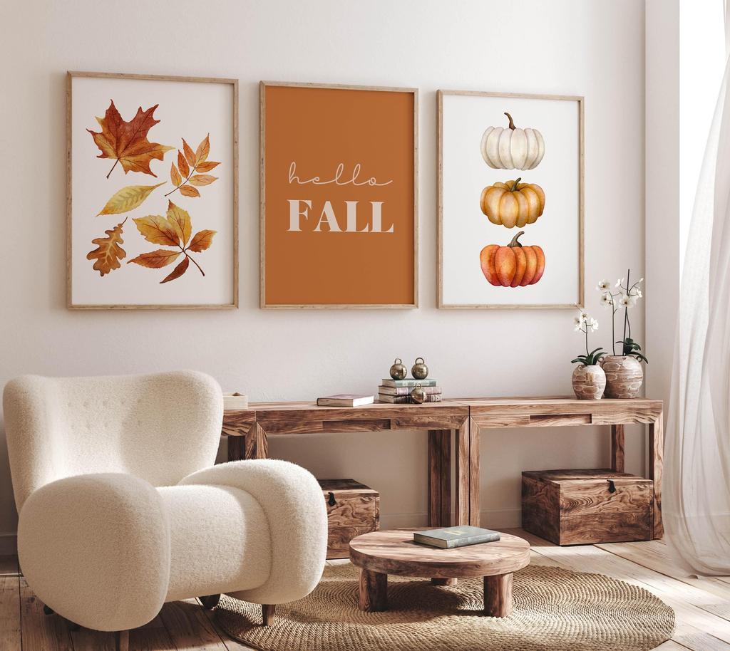 Set da 3 Stampe Murali Arancioni Hello Fall Stampabili, Stampa Foglie d'Autunno, Stampa Zucca Autunnale ad Acquerello, Poster Citazione Autunnale, Decorazioni Rustiche