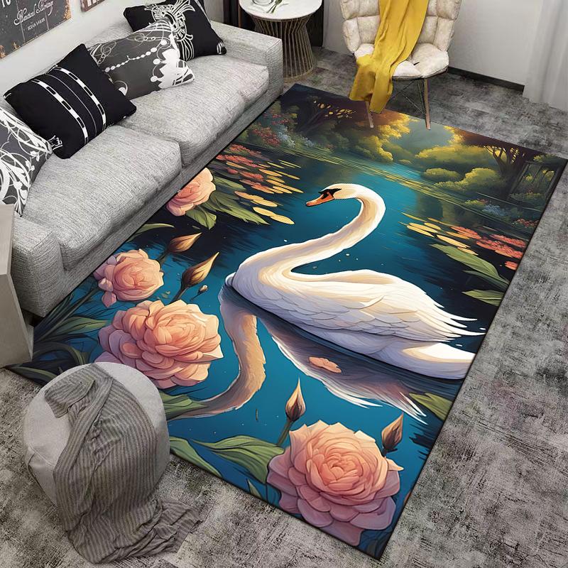 Elegant Swan with Pink Roses and Pond Scene Area Carpet Decor Suitable for Use As an Anti-slip for Living Room Bedroom Sofas