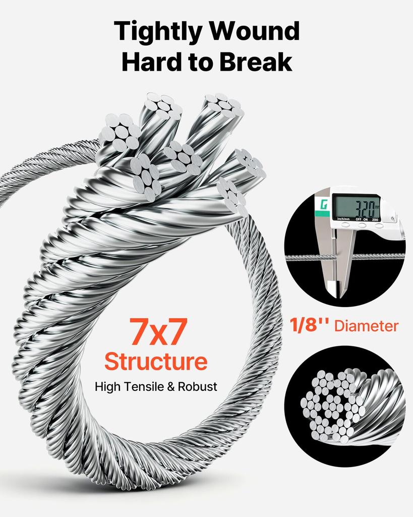 3.2 Mm Wire Rope Kit, 12.2 M Length, 316 Stainless Steel Wire Cable, 7.1 kN Breaking Strength, 7 X 7 Strands Construction, Steel Cable for Deck