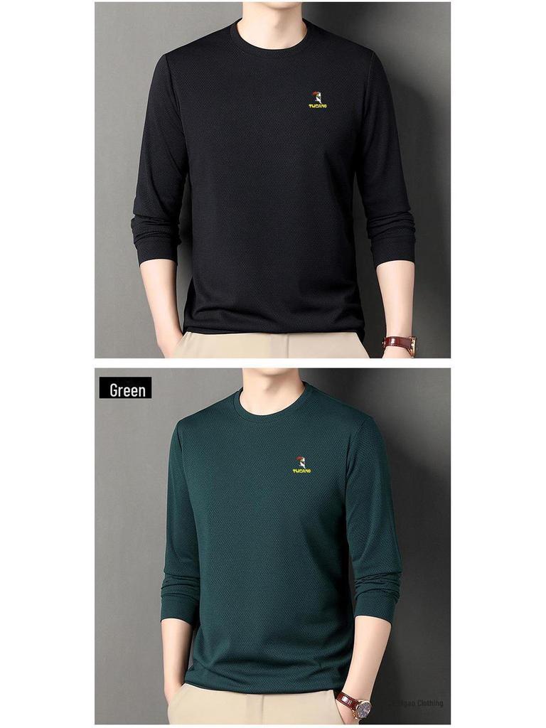 Woodpecker Men's Cotton Long-Sleeve T-Shirt for Midlife and Older - Spring/Autumn Base Layer