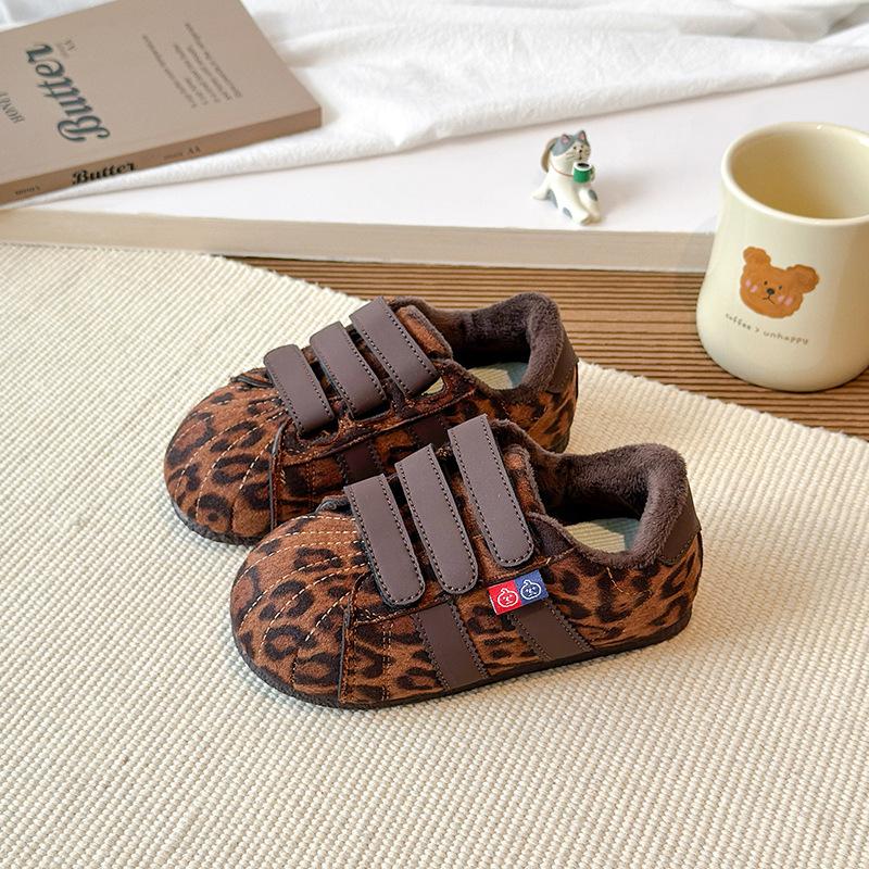 Children's Fleece-lined Cotton Shoes, New Autumn and Winter Models, Girls' Solid Color Leather Non-slip Sneakers, Boys' Velcro Casual Shoes