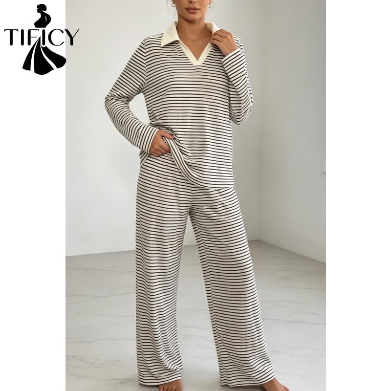 TIFICY Women's Fashion Spring Autumn Stripe Print Long Sleeve POLO Neck Casual Pajama Set
