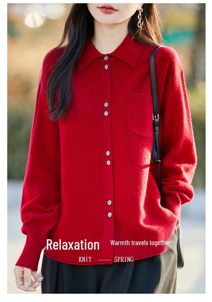 Women's Pure Wool Knit Cardigan Jacket - Spring/Autumn 2025 POLO Collar, Korean Style, Slimming, Loose Fit, Button-Up Sweater