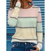 Elegant women's round neck long-sleeved T-shirt with horizontal stripes and polka dot geometric pattern fabric, soft and comfortable