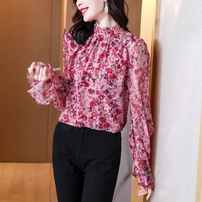 Μπλούζα από Σιφόν με Φλοράλ για Γυναίκες Μακριά Μανίκια Κάτω Μπλούζα με Κάτω Μέρος σε Σχήμα Ξύλινο Αυτί Νέα Μόδα Chic Γλυκό Μπλουζάκι Top