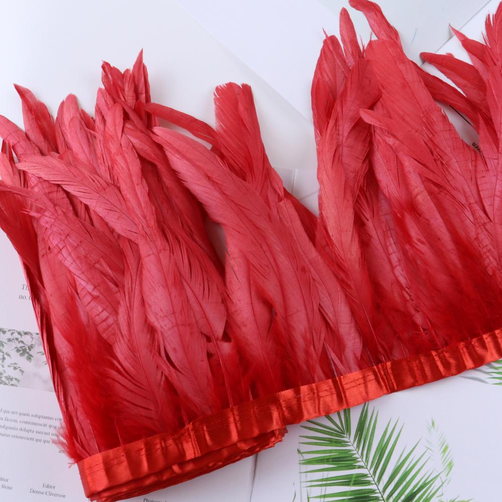 Red Rooster Tail Trims Natural Coque Feather Trimming Ribbon For Crafts Dress Skirt Carnival Costumes Plumes 10-12 Inch