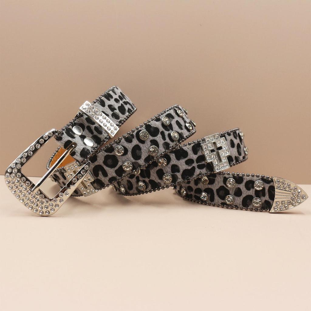 Pánské trendy džíny s leopardím vzorem, křížovým pasem a prémiovým koženým páskem