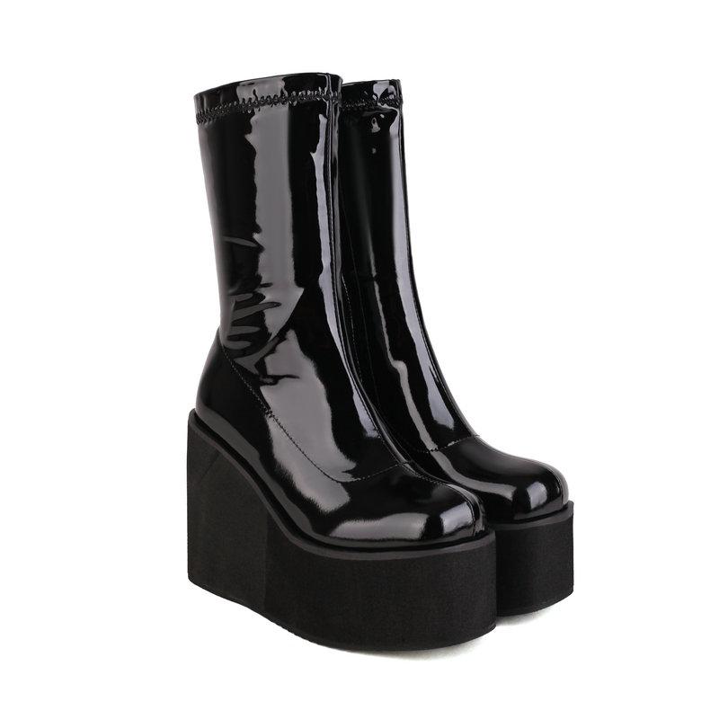 Foam Light-weight Sole Platform Wedges High Heels Girls Shoes Gloss Patent PU Leather Red White Ankle Stretch Booties Gothic Women Black Boots