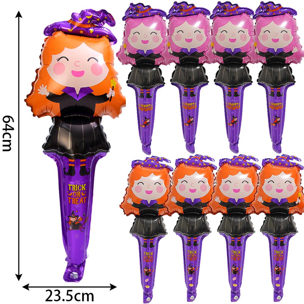 50/10Pcs Cute Balloon Stick Halloween Witch Pumpkin Cat Ghost Balloons Festival Aluminum Film Globos Halloween Decoration Supply