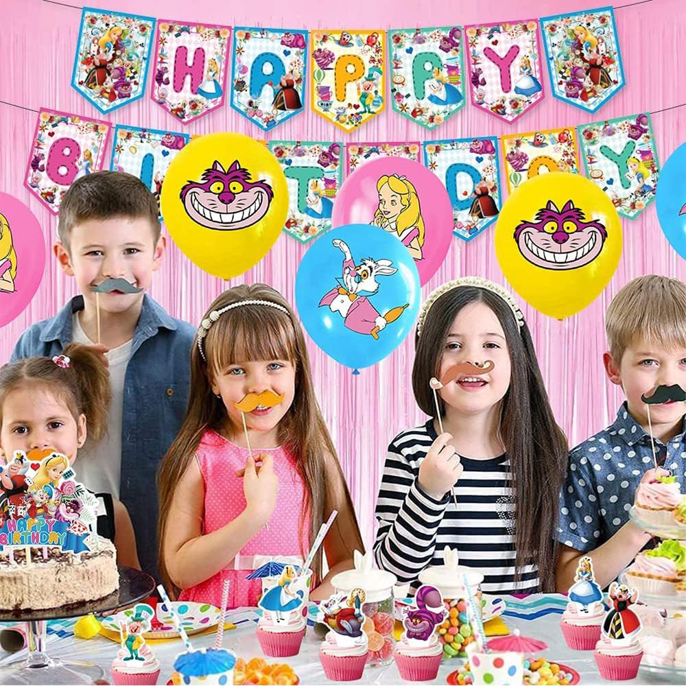 32Pcs Alice In Wonderland Party Decorations Includes Cake Topper, Balloon Banner