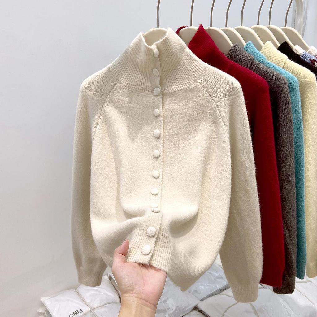 Women's Polo Collar Knitted Cardigan - Thick, Stylish, High Collar, Single-Breasted for Autumn and Winter