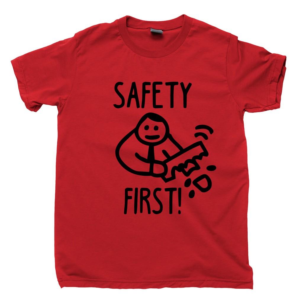 Safety First T Shirt Cut Off Arm Stupid Funny Dark Humor Meme Joke Gag Gift Tee