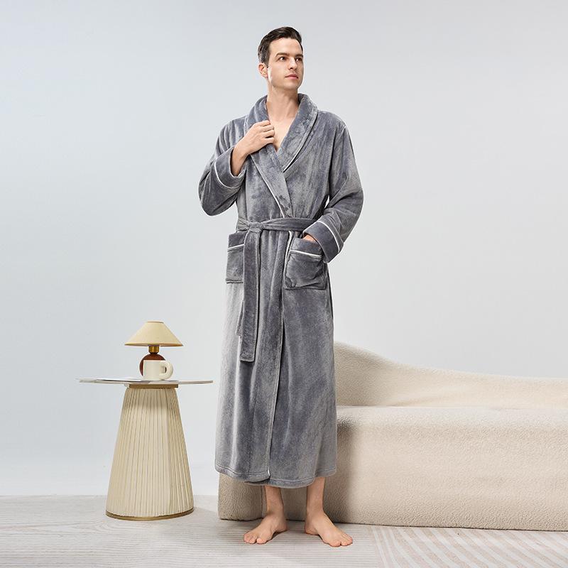 Men's Shawl Collar Robes Full Length Fleece Plush Bathrobes Soft Spa House Coat with Pockets Fluffy Spa Robes Unisex Winter Cozy Warm Spa Long Robe