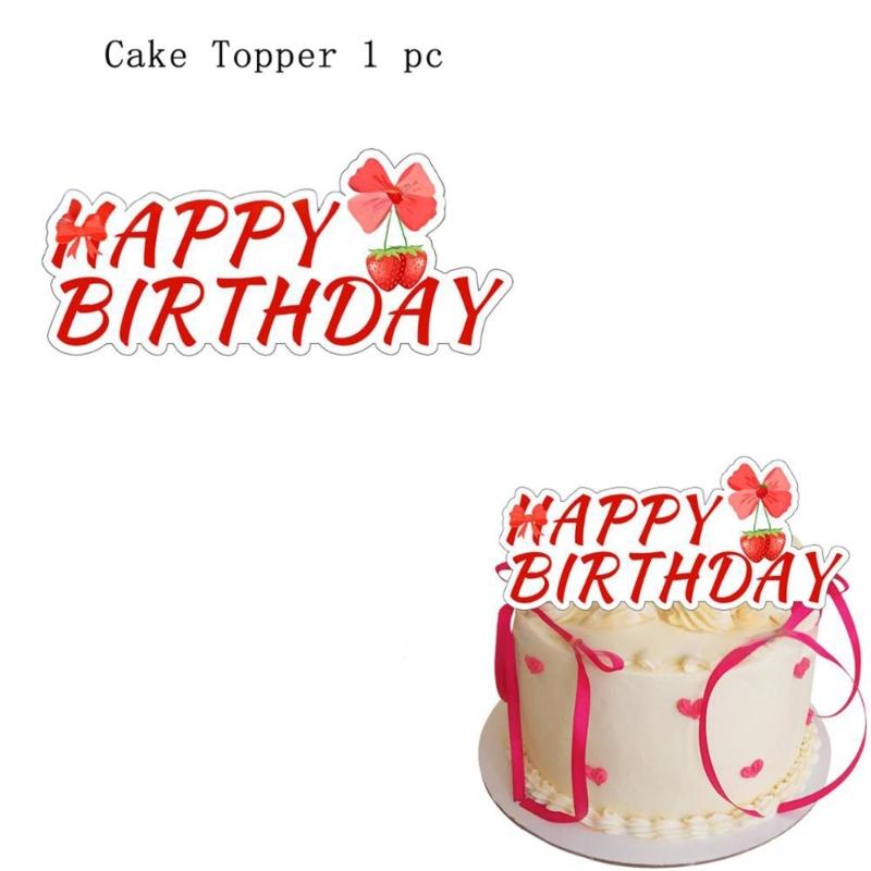 Reusable Strawberry Ribbon Birthday Party Banners Paper Plastic Decoration Cake Insert Balloon For Kids Adults