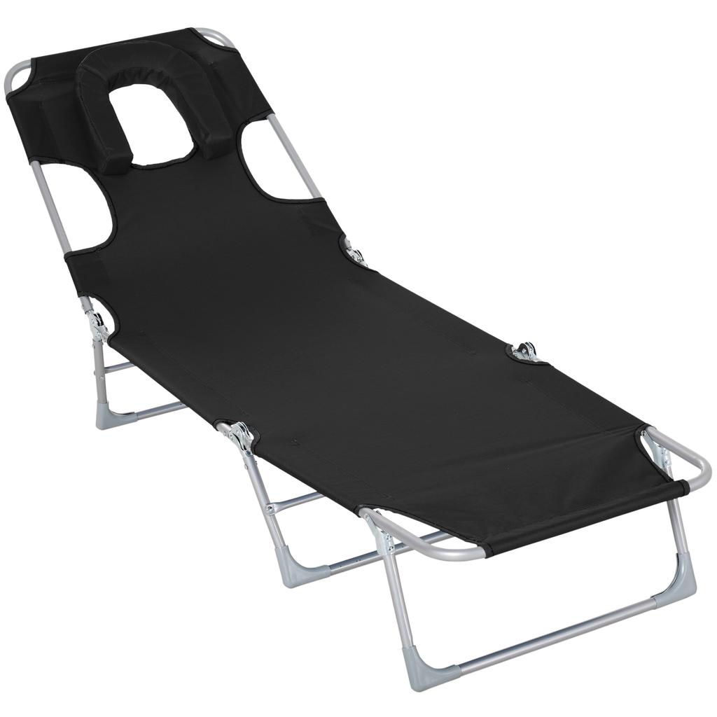 Reclining and Folding Garden Lounger with Reading Hole, Headrest and Backrest Adjustable In 5 Levels for Beach 182x56x28 Cm Black