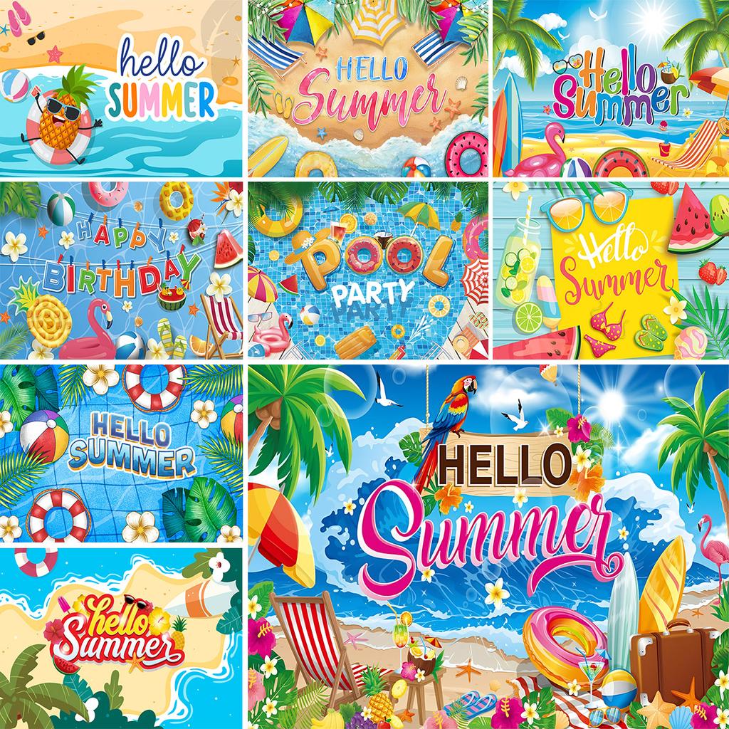 Hawaiian Beach Backdrop Hello Summer Tropical Ocean Palm Tree Surfboard Photo Background Luau Aloha Party Photo Booth Banner