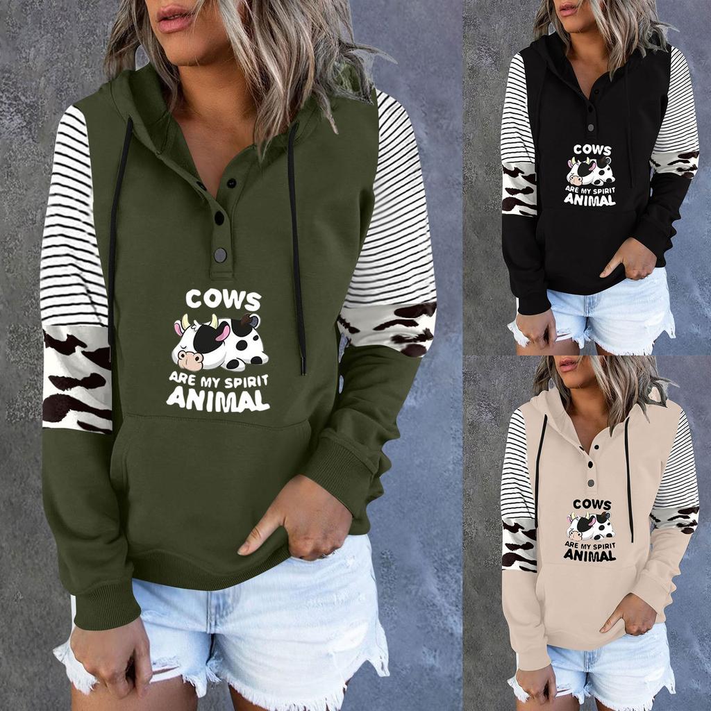 Women's Casual Fashion 2022 Cows Stripes Print Long Sleeve Pullover Hooded Top