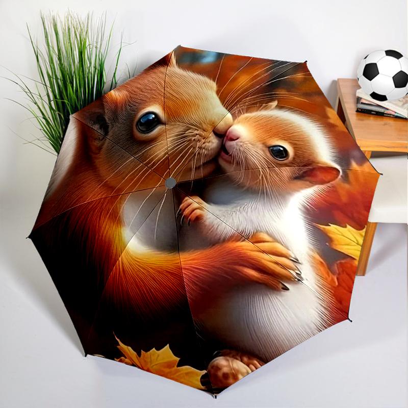 Autumn Leaves Squirrel Umbrella Automatic Open/close, Sturdy Iron Frame & 8-Rib Struct, Umbrella for Women & Men, Christmas Gift