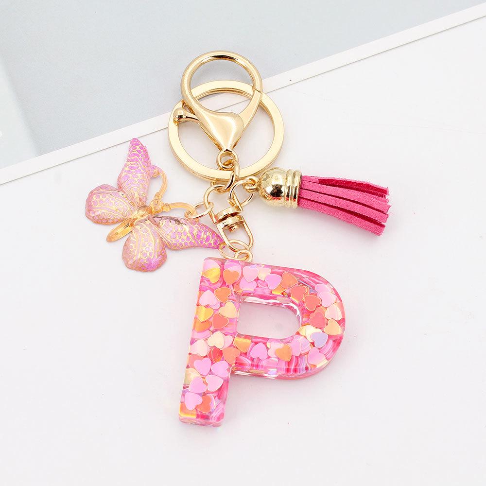 Pink Butterfly Tassel & Resin Sequin Letter Keychain - Backpack Charm for Women