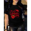 European Sizes Women's Valentine's Day T-Shirt- Black with Red Rose and Heart Print Casual Round Neck Short Sleeve Top Machine Washable Comfortable